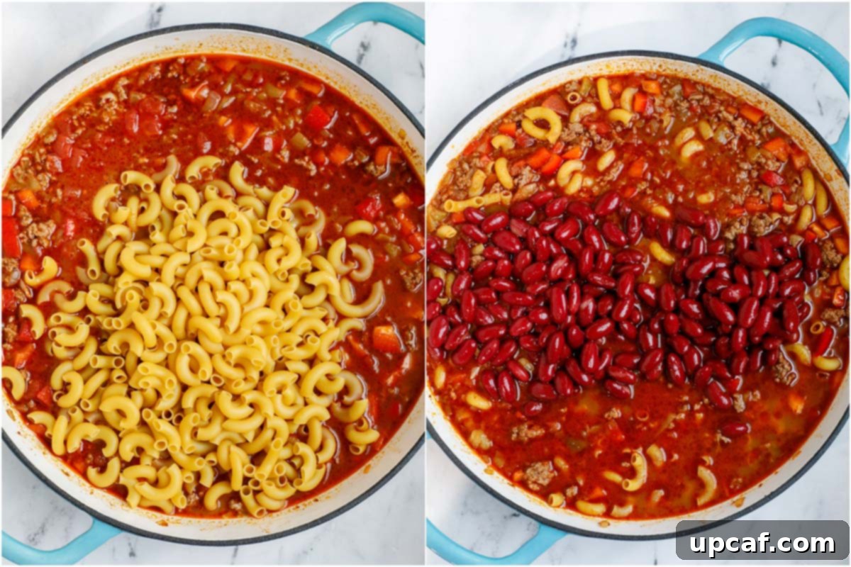 Speedy Cheesy Chili Mac 6 Set of two photos showing macaroni added into a pot, and then red kidney beans being added.