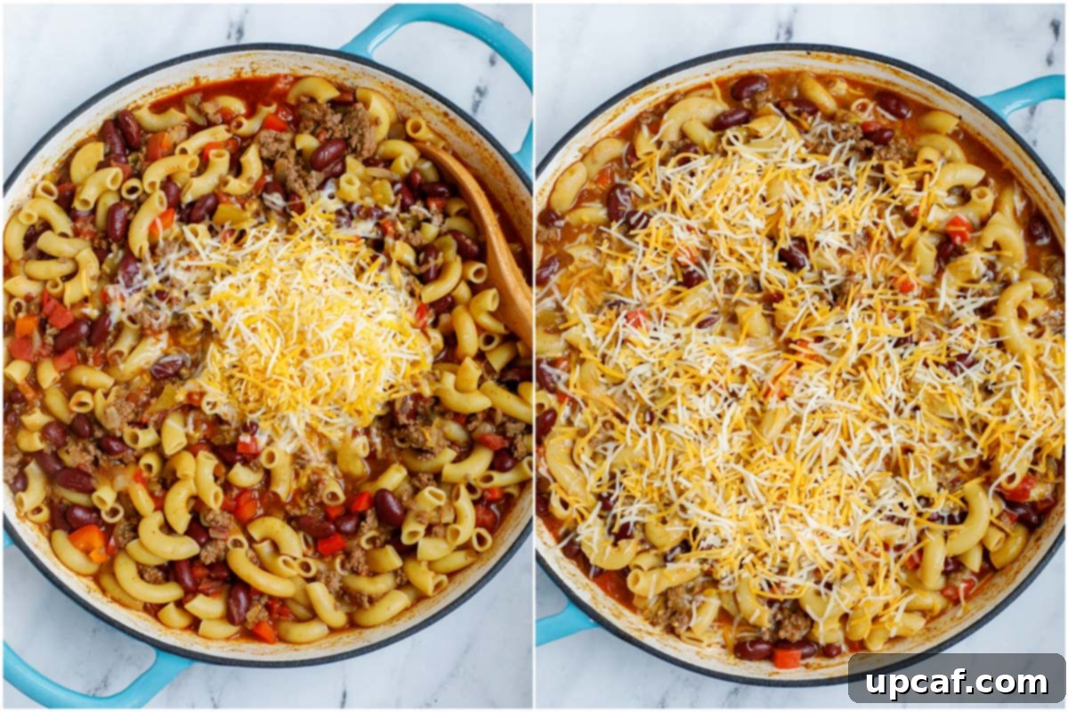 Speedy Cheesy Chili Mac 7 Set of two photos showing cheese being mixed into a pot of chili mac and cheese, creating a creamy texture.