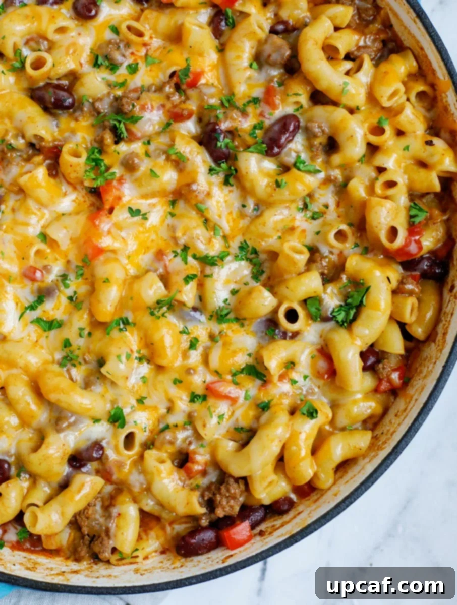 Speedy Cheesy Chili Mac 9 Close up of a pot of chili mac and cheese, ready to be served.