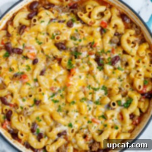 Speedy Cheesy Chili Mac 10 Overhead view of a pot of chili mac and cheese.