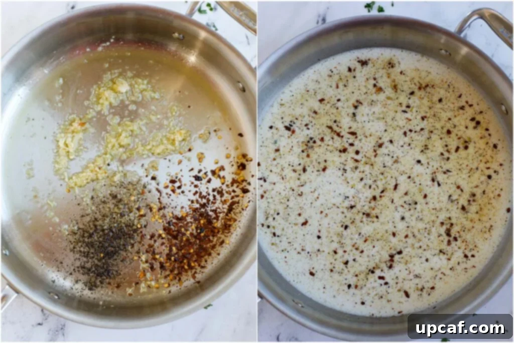Two images showing the process of sautéing spices and garlic, followed by adding half and half to begin the creamy sauce.