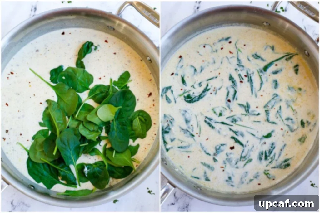 A two-part image showing fresh spinach being added to the simmering cream sauce and then gently cooked until wilted.