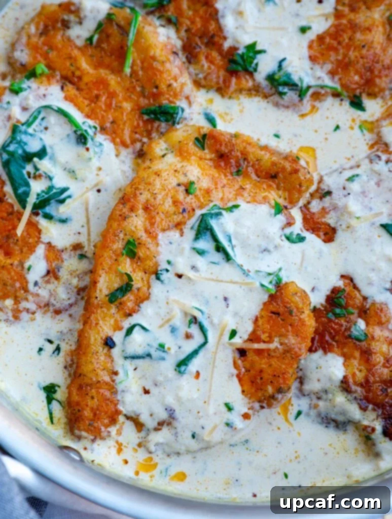 A close-up view of a single creamy parmesan chicken breast in the pan, rich with sauce and ready to serve.