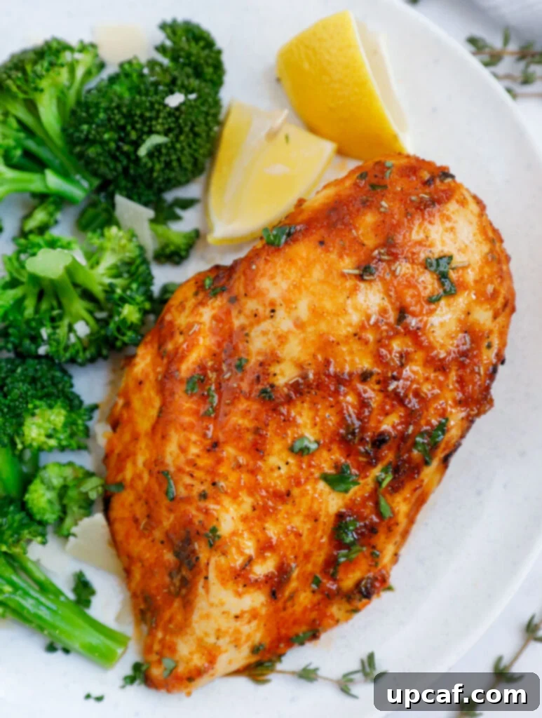 Close up of an air fryer rosemary chicken breast beside some broccoli and lemon wedges.