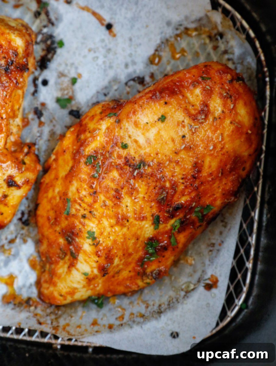 air fried chicken breasts in an air fryer basket.