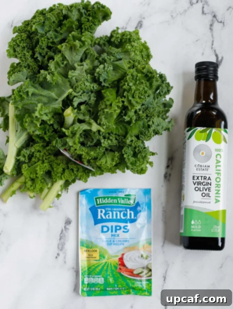 Air-Fried Kale: Your Crunchy Snack Fix 3 Fresh kale, a bottle of olive oil, and a container of ranch seasoning on a rustic wooden cutting board, prepped for making kale chips.