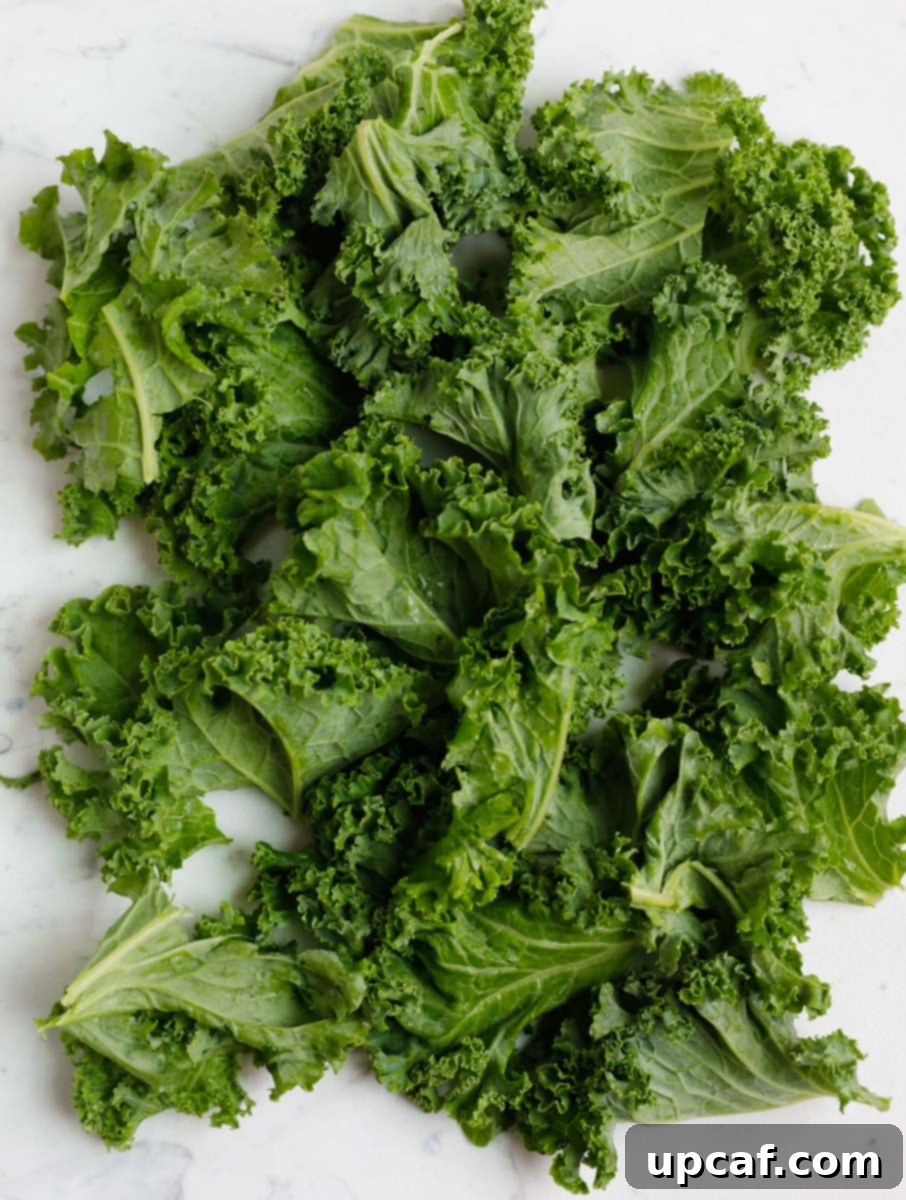 Air-Fried Kale: Your Crunchy Snack Fix 5 Torn kale leaves in a bowl, perfectly prepped and ready for the next step of seasoning.