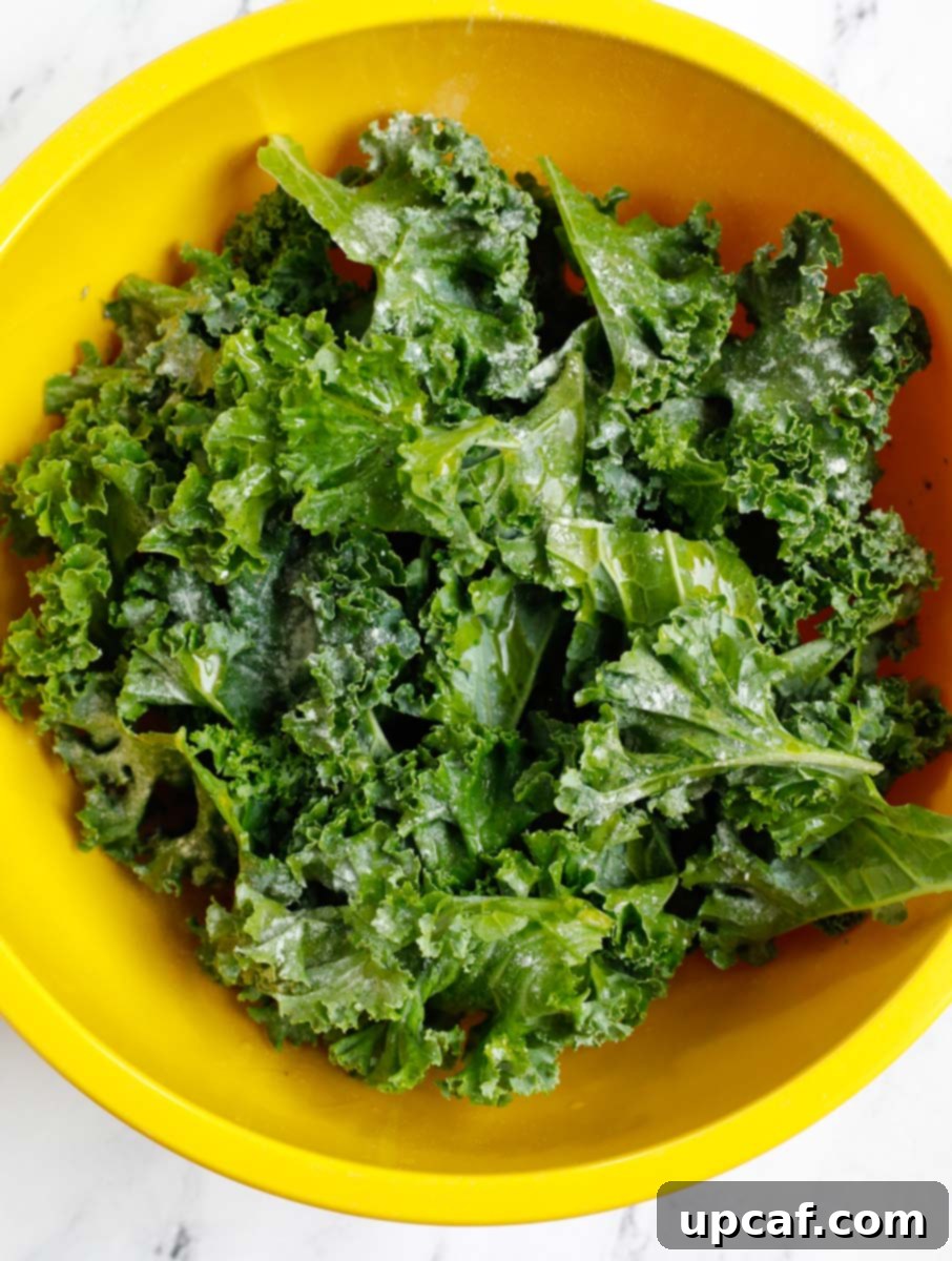 Air-Fried Kale: Your Crunchy Snack Fix 6 Close-up shot of kale leaves in a large mixing bowl, thoroughly tossed with olive oil and seasoning, ensuring even coating.