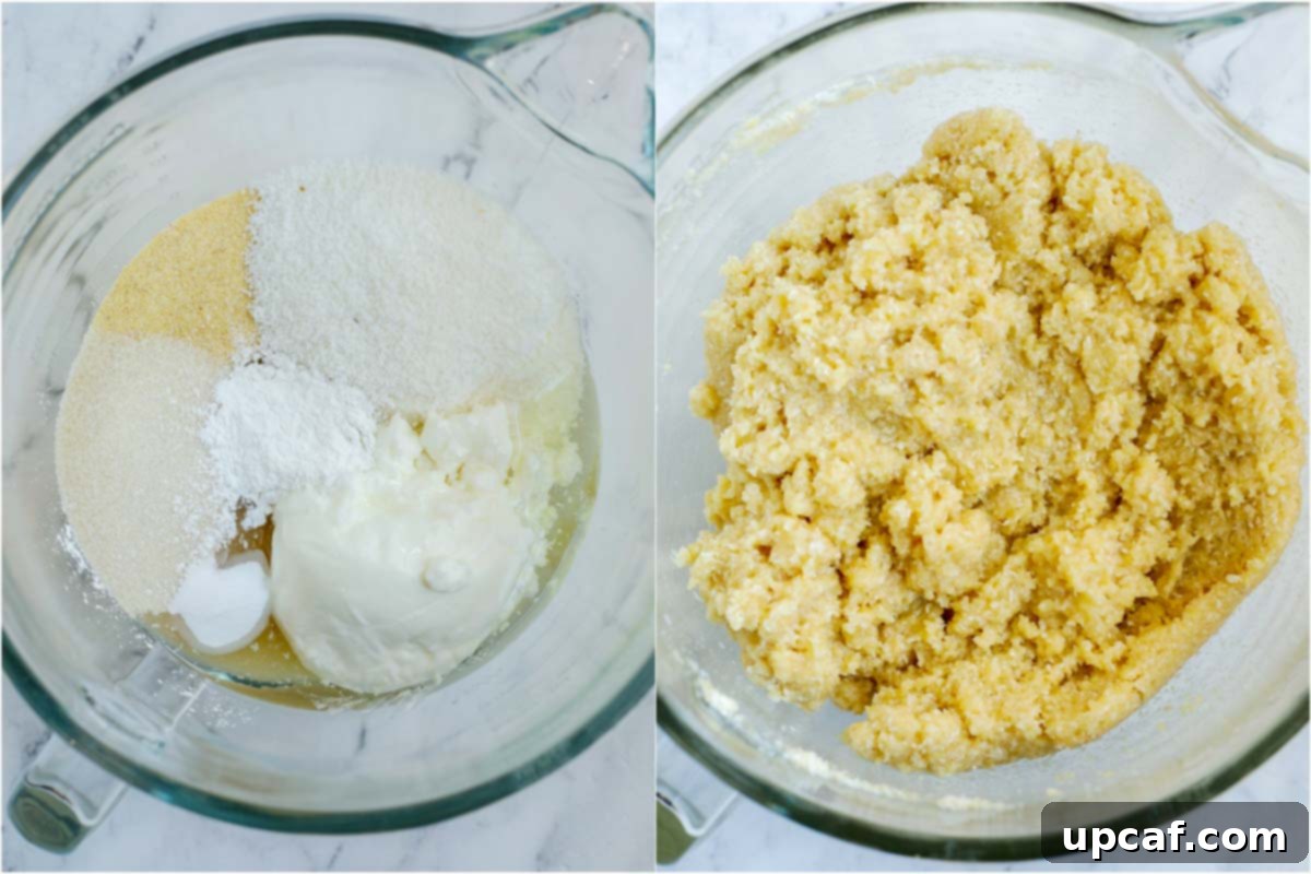 Two photos illustrating the process of making Basbousa batter, showing ingredients being mixed to form a cohesive dough.