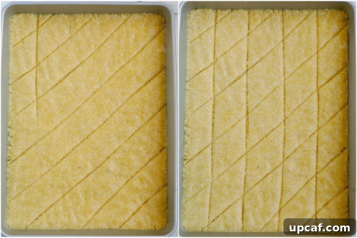 Two photos showcasing the Basbousa cake being cut into diamond shapes and adorned with almonds before baking.