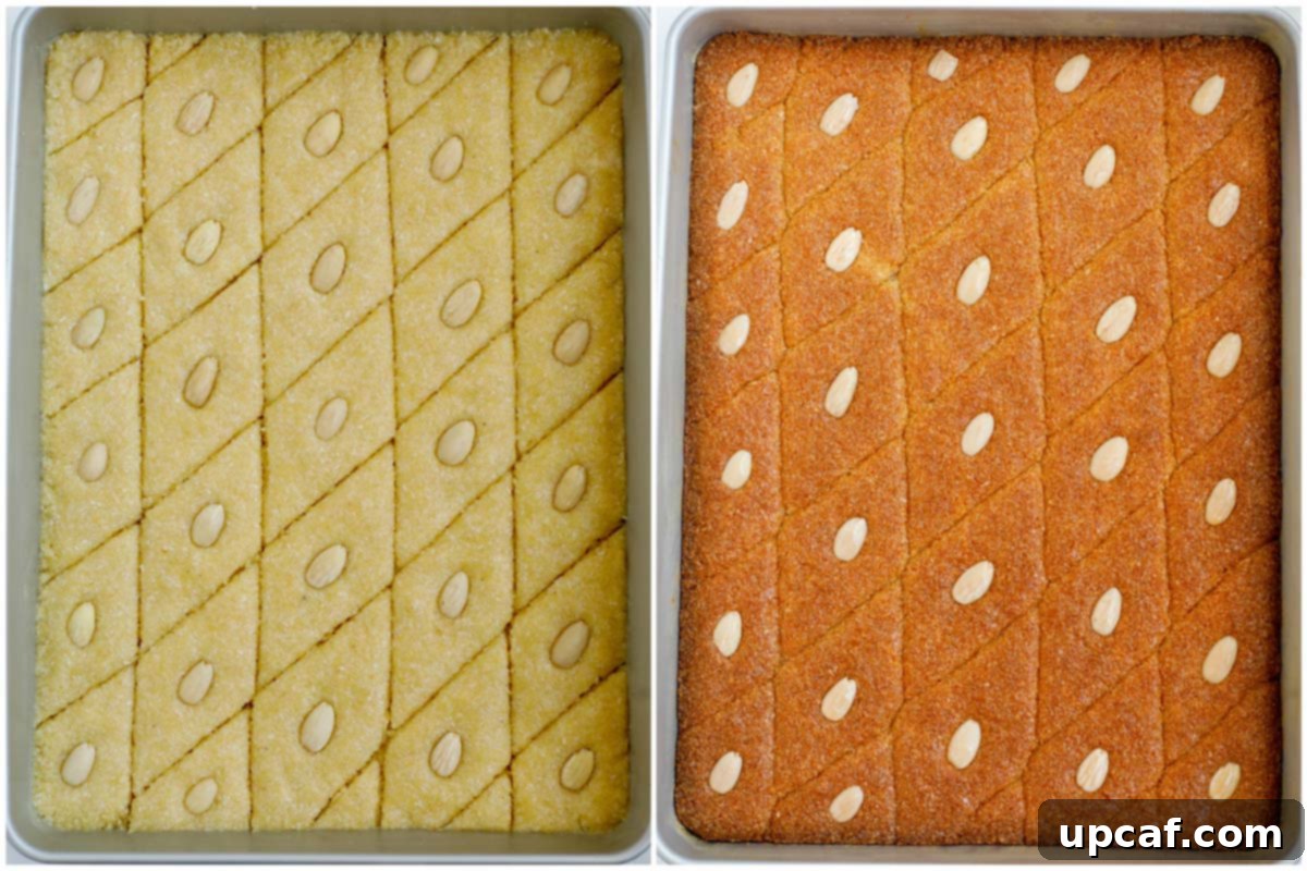 Two photos showing Coconut Basbousa: one before baking with almonds and one after, golden brown and glistening with syrup.