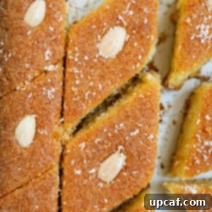 Close up of Coconut Basbousa cut into slices.