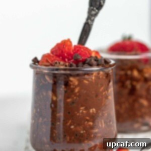 Front close-up view of the chocolate overnight oats in a cup