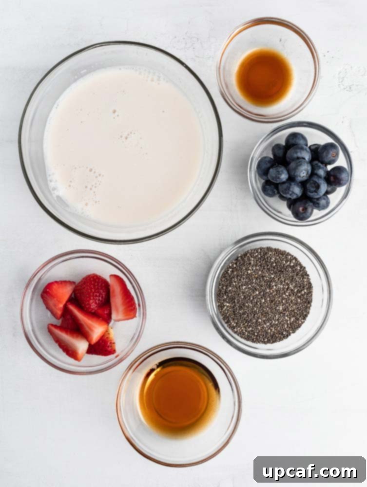 Top-down shot displaying all the simple ingredients for classic chia pudding laid out on a clean surface, including chia seeds, almond milk, maple syrup, vanilla, and fresh berries.