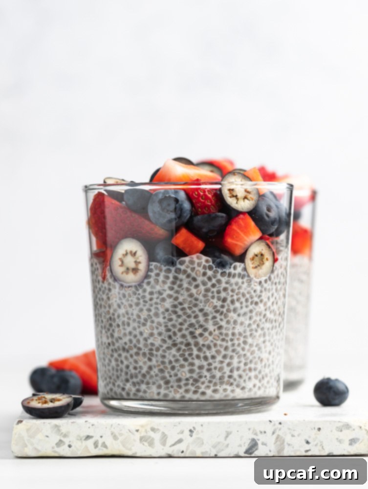 Close-up shot of a single serving of overnight chia pudding in a clear glass, beautifully topped with a vibrant medley of fresh berries like blueberries and raspberries.