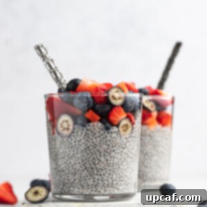 Two close-up shots of chia seed pudding in clear jars, topped with fresh berries and a hint of syrup, showcasing its delicious texture.