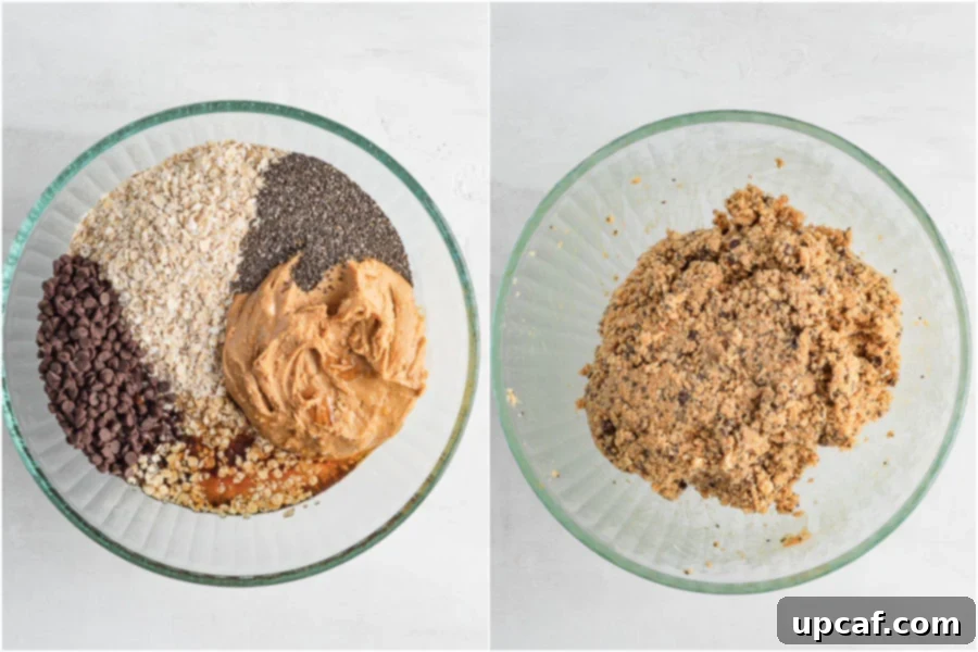 Before and after mixing: a bowl with unmixed ingredients for energy balls next to a bowl of thoroughly combined mixture.