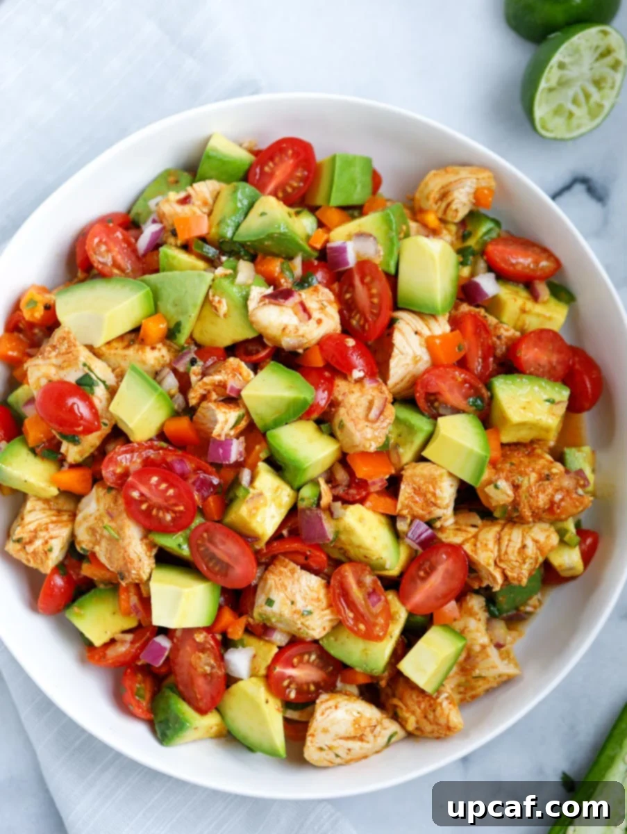 Creamy Avocado Chicken Salad 9 Overhead view of a bowl of avocado chicken salad.