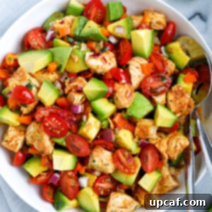 Creamy Avocado Chicken Salad 10 Overhead view of a bowl of avocado chicken salad.