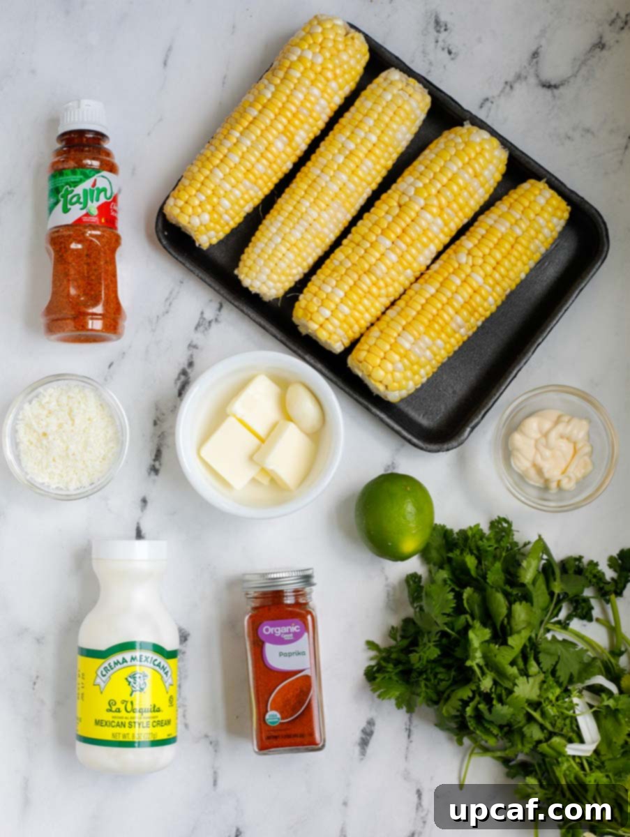 Authentic Mexican Elote 3 Overhead view of all the fresh ingredients needed to make delicious Mexican street corn.