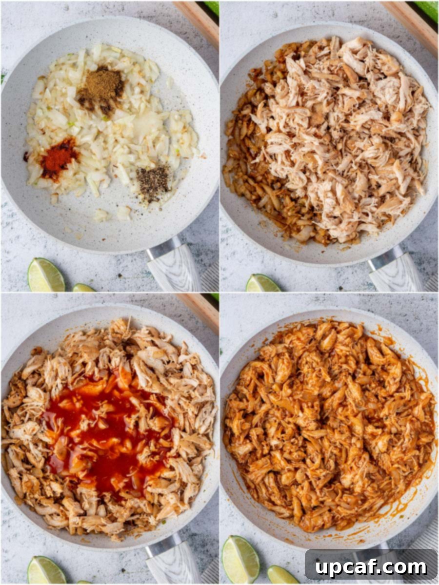 Southwest Chicken Zucchini Enchiladas 4 A photo collage showing the process of making the chicken enchilada stuffing: sautéing aromatics, adding spices, and mixing in shredded chicken with sauce.