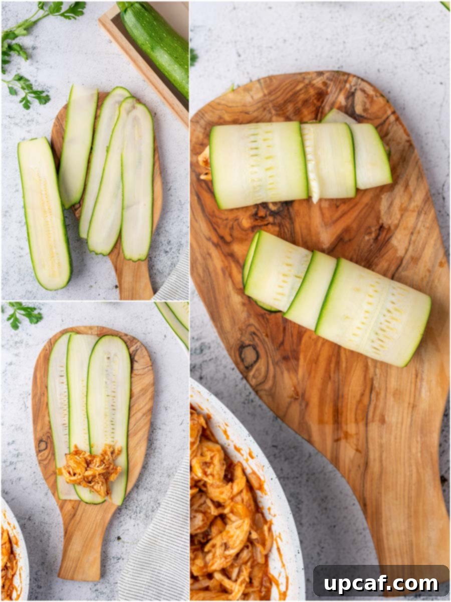 Southwest Chicken Zucchini Enchiladas 5 Process shots demonstrating how to stuff the chicken enchilada filling into the zucchini slices and roll them neatly.