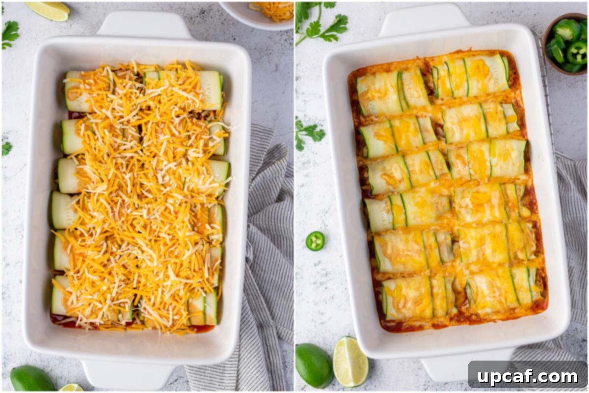 Southwest Chicken Zucchini Enchiladas 6 A side-by-side view of stuffed chicken zucchini enchiladas in a baking dish, one before baking with cheese, and one after baking, golden and bubbly.