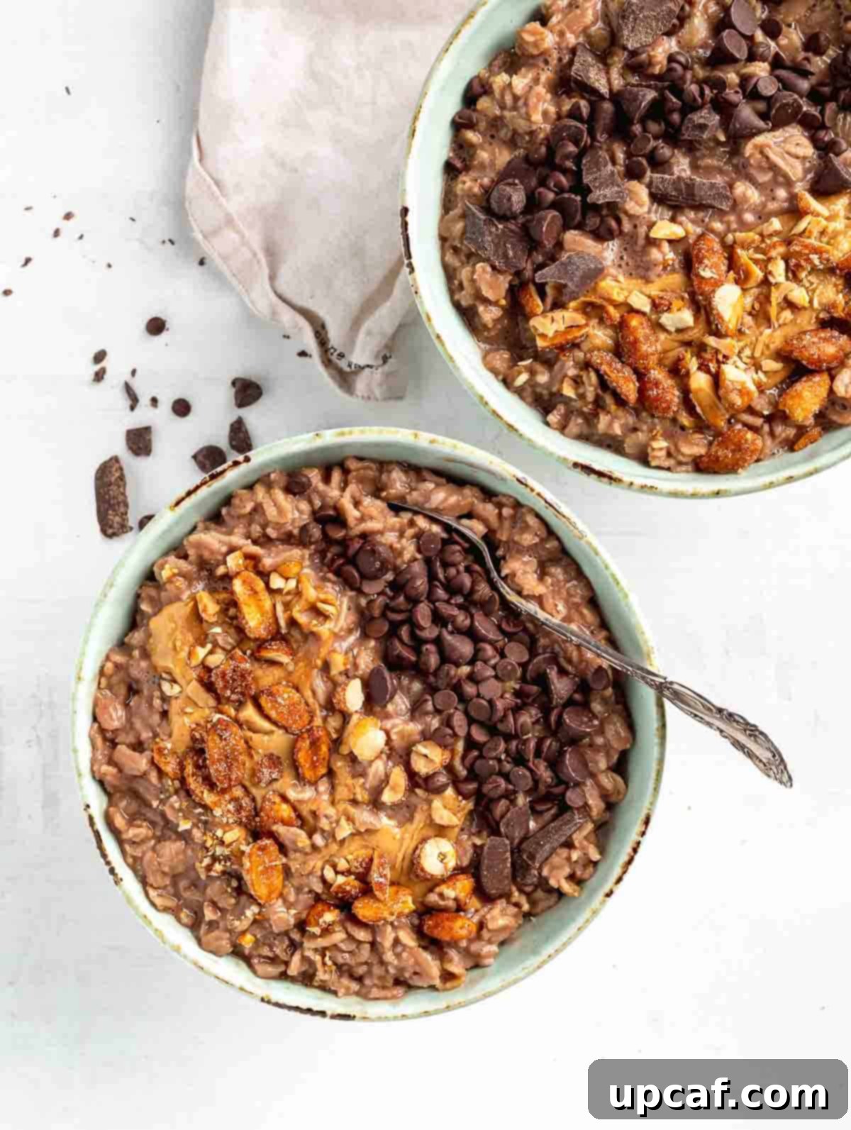 two chocolate bowls of oats topping with nuts and chocolate chips