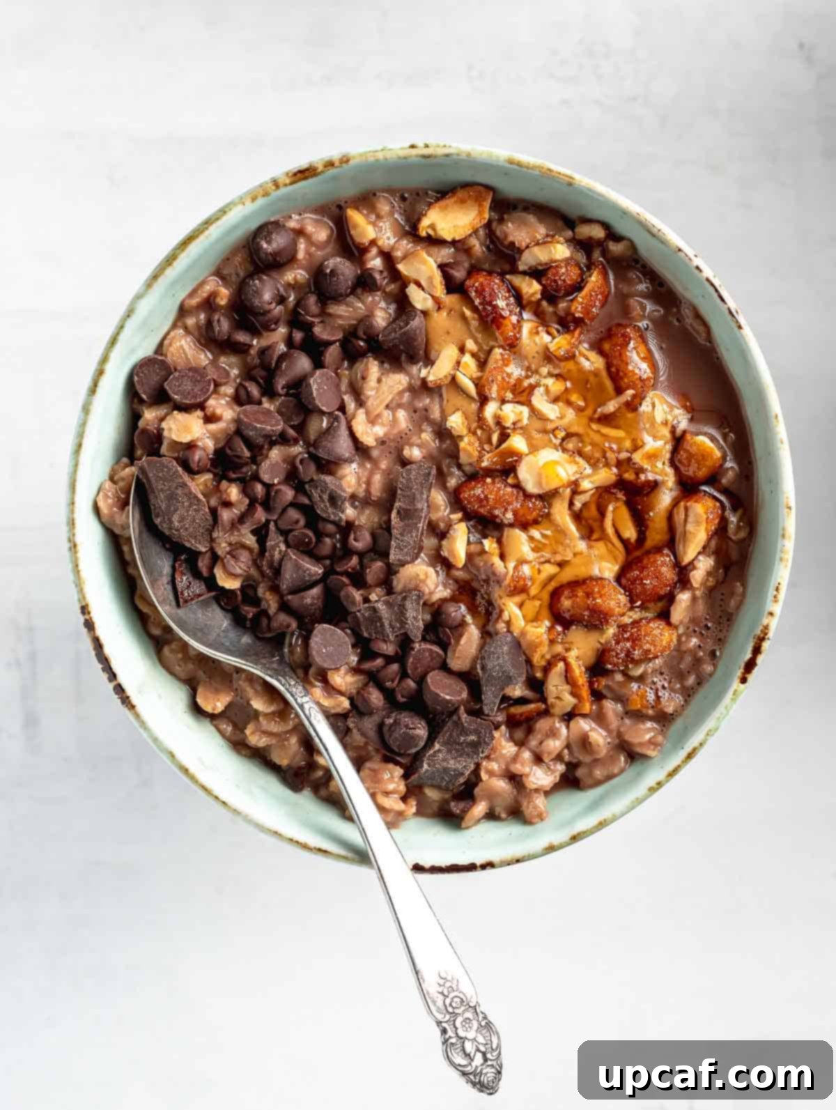 chocolate oatmeal in a bowl with toppings