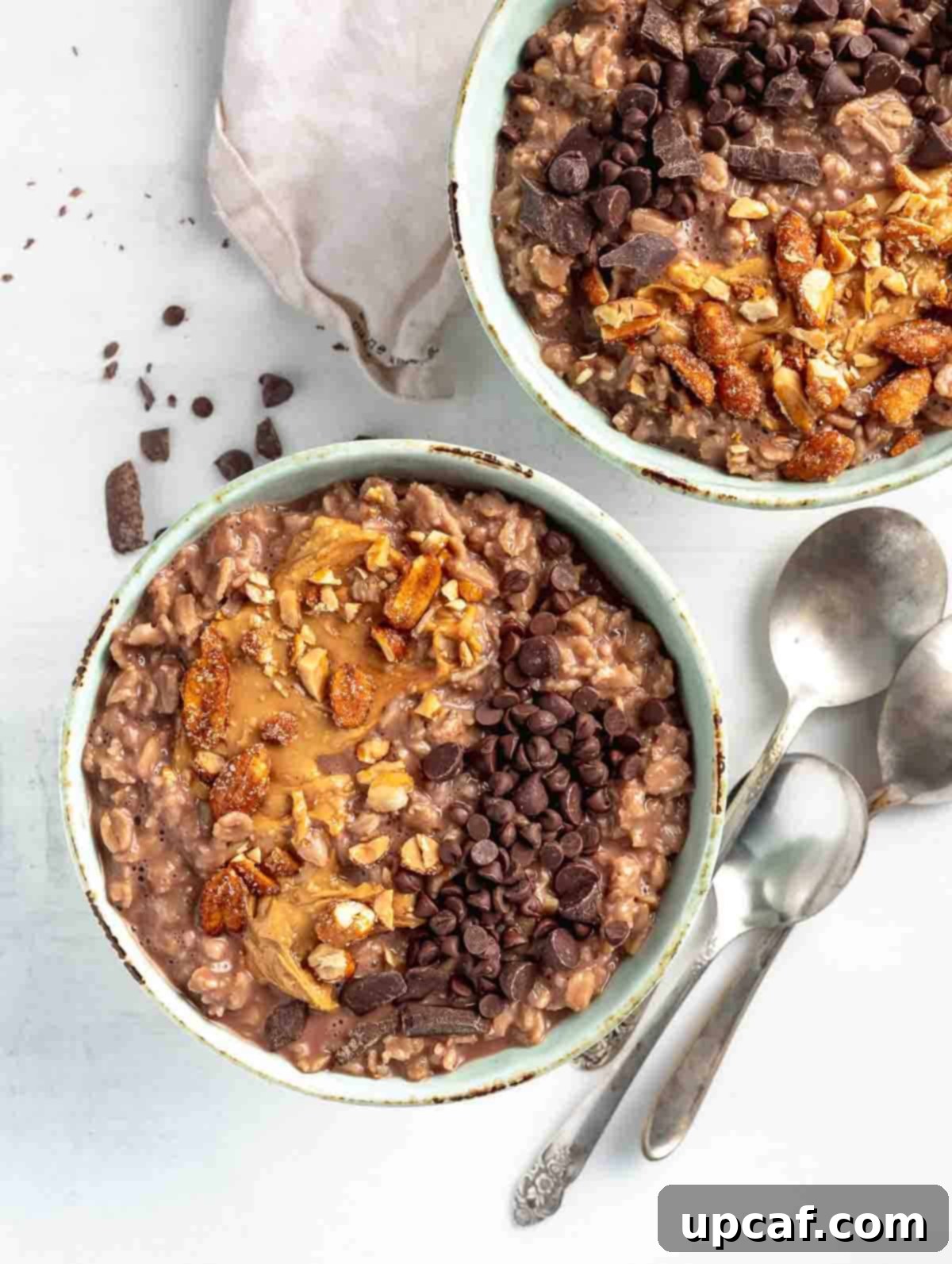 two chocolate bowls of oats topping with nuts and chocolate chips
