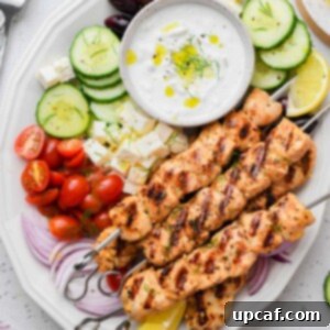 Lemon-Oregano Grilled Chicken Skewers 7 Top-down shot of the Greek chicken skewer dish served with sides