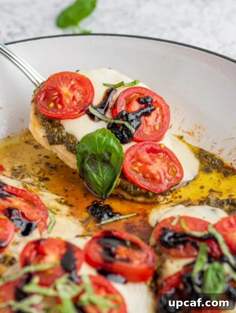 Close-up shot of Caprese chicken, highlighting the melted cheese, fresh tomatoes, and basil