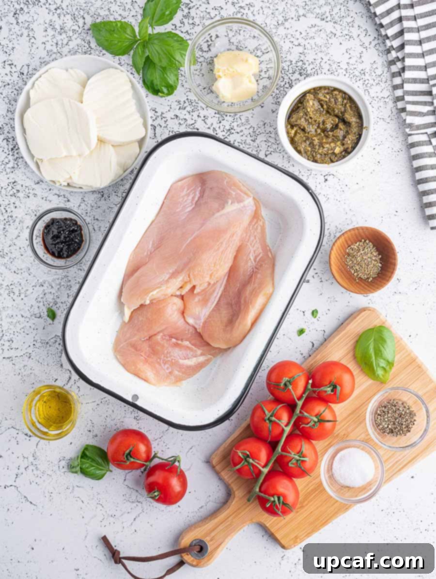 Top-down shot showcasing all the fresh ingredients for the Caprese Chicken recipe
