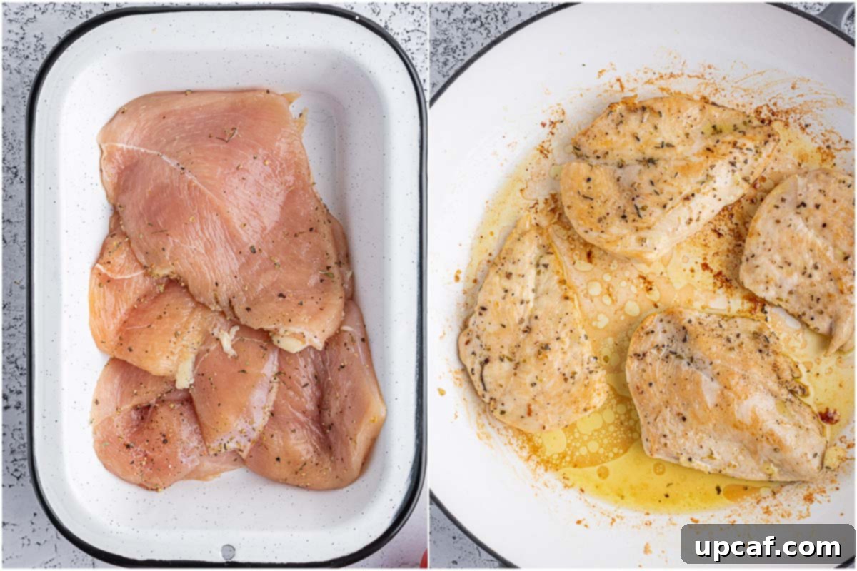 Comparison shot showing seasoned raw chicken breasts and then golden-seared chicken breasts