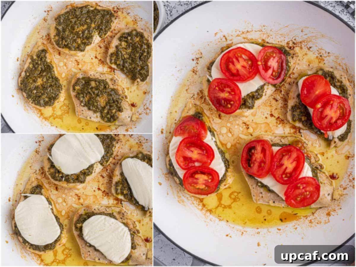 Process shots demonstrating how to layer pesto, mozzarella, and tomatoes on seared chicken