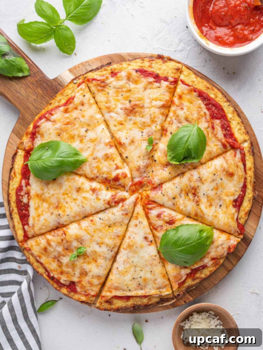 Top-down shot of a freshly baked cauliflower pizza garnished with vibrant basil leaves, ready to be served.