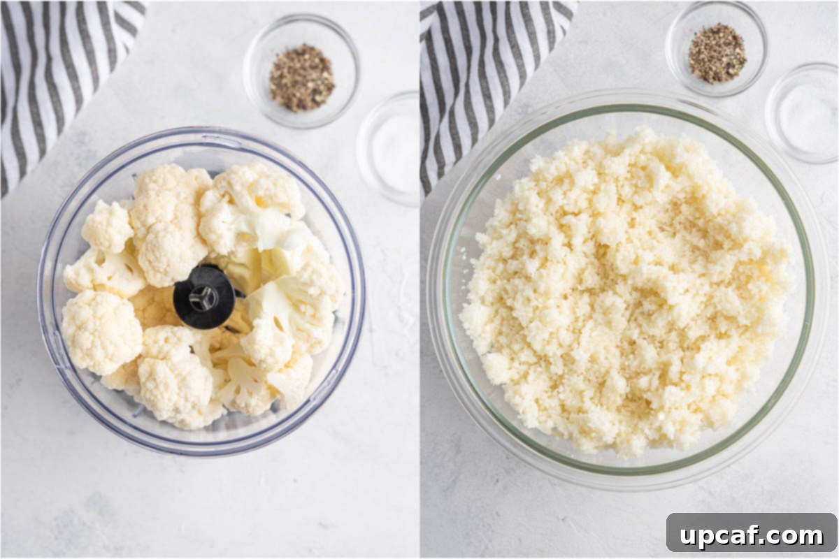 A side-by-side photo showing whole cauliflower florets next to finely processed cauliflower rice, ready for cooking.