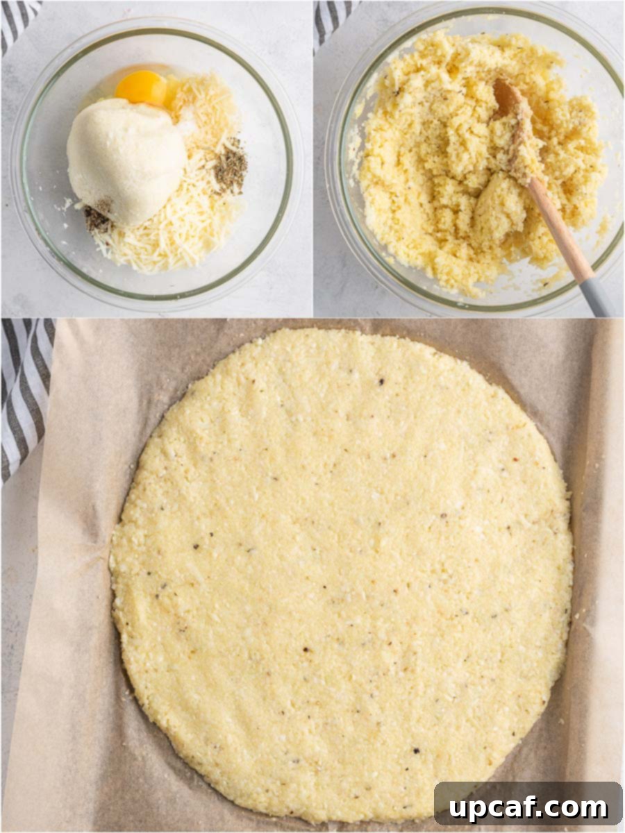 Sequential photos illustrating the process of microwaving processed cauliflower and then squeezing excess water from it with a kitchen towel.
