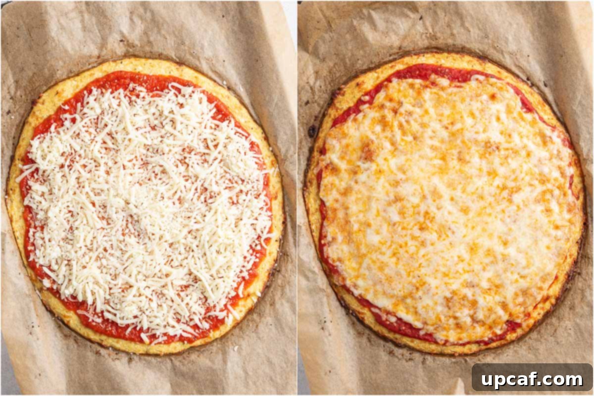 Two images side-by-side: one showing the uncooked cauliflower pizza crust mixture shaped on parchment paper, and the other showing the same crust after baking to a golden crisp.
