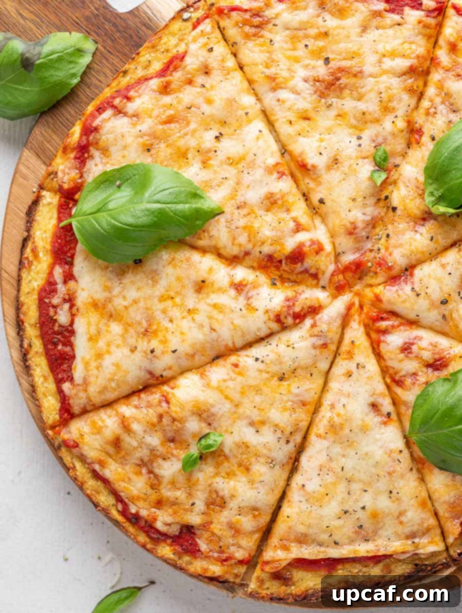 Top-down view of a complete cauliflower pizza, garnished with fresh basil leaves, hot out of the oven and ready to be sliced.