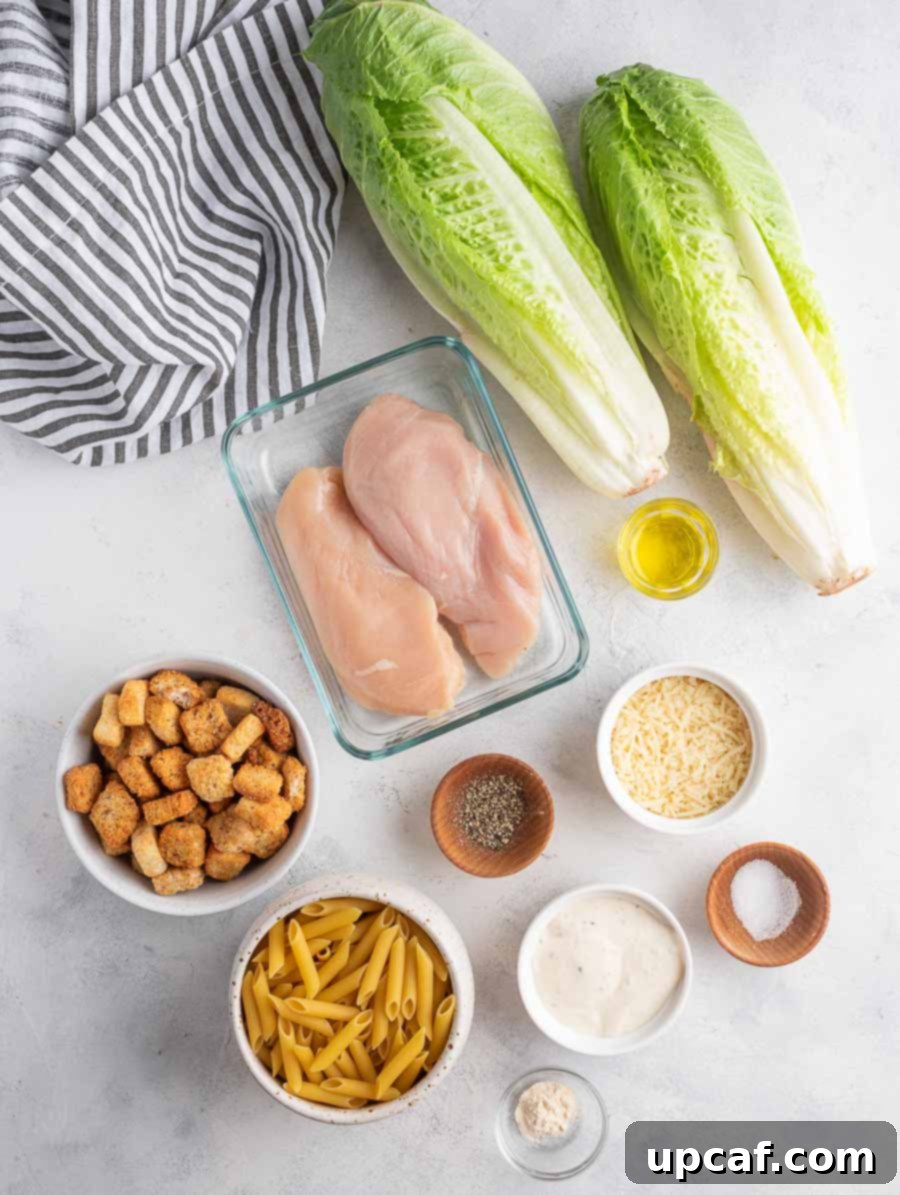 ingredients of chicken ceasar pasta salad laid out