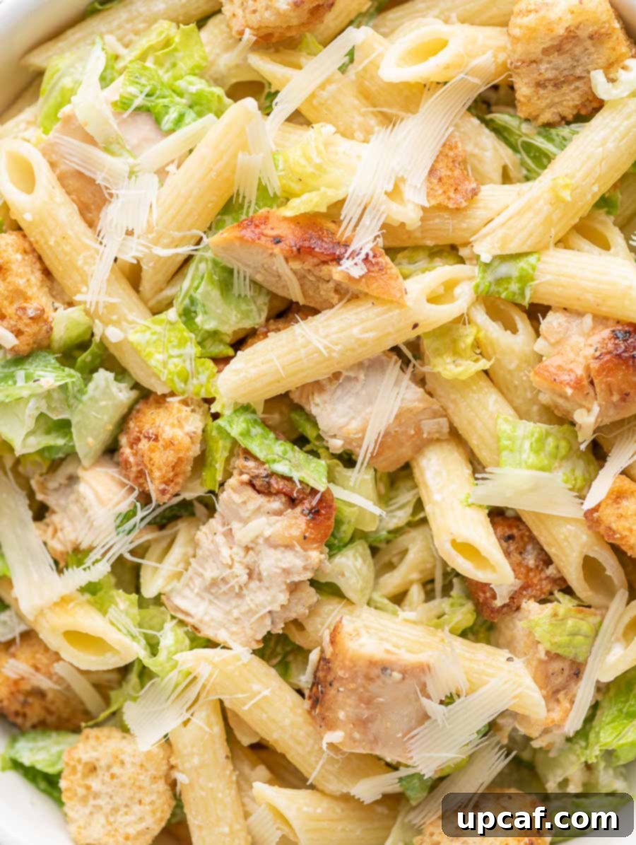 close up shot of the chicken caesar pasta salad