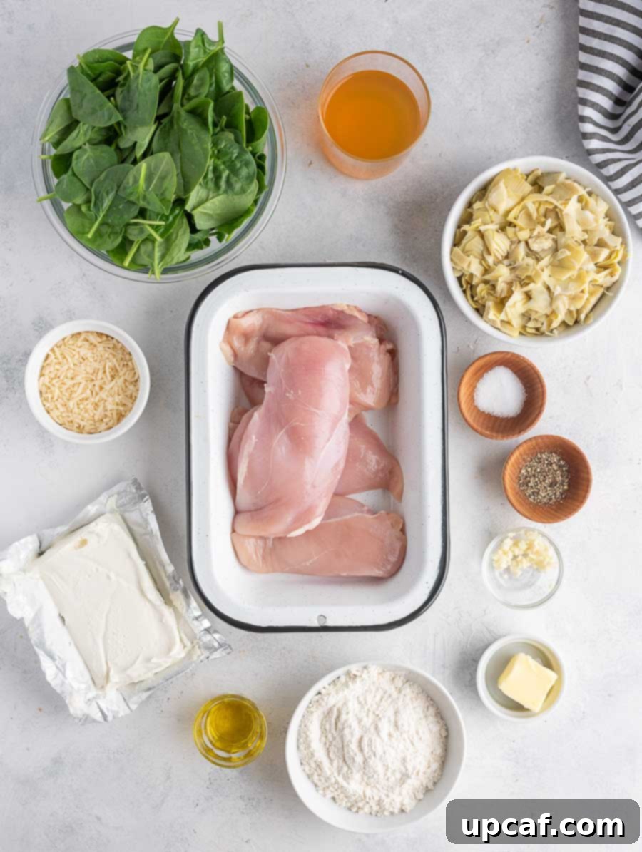 One-Pan Creamy Spinach Artichoke Chicken 3 ingredients of spinach artichoke chicken laid out