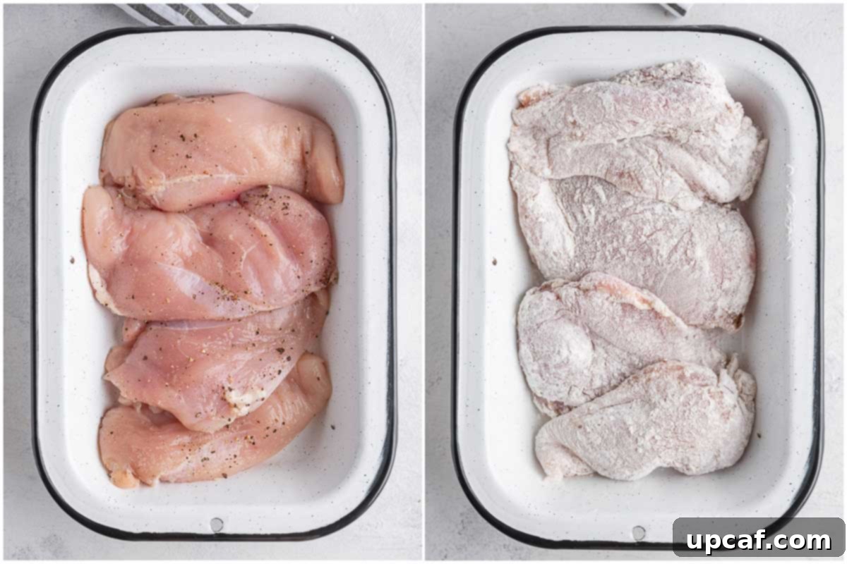 One-Pan Creamy Spinach Artichoke Chicken 4 marinated chicken breast before and after dipping into flour