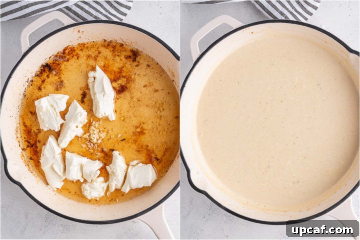 One-Pan Creamy Spinach Artichoke Chicken 6 creamy sauce in a skillet