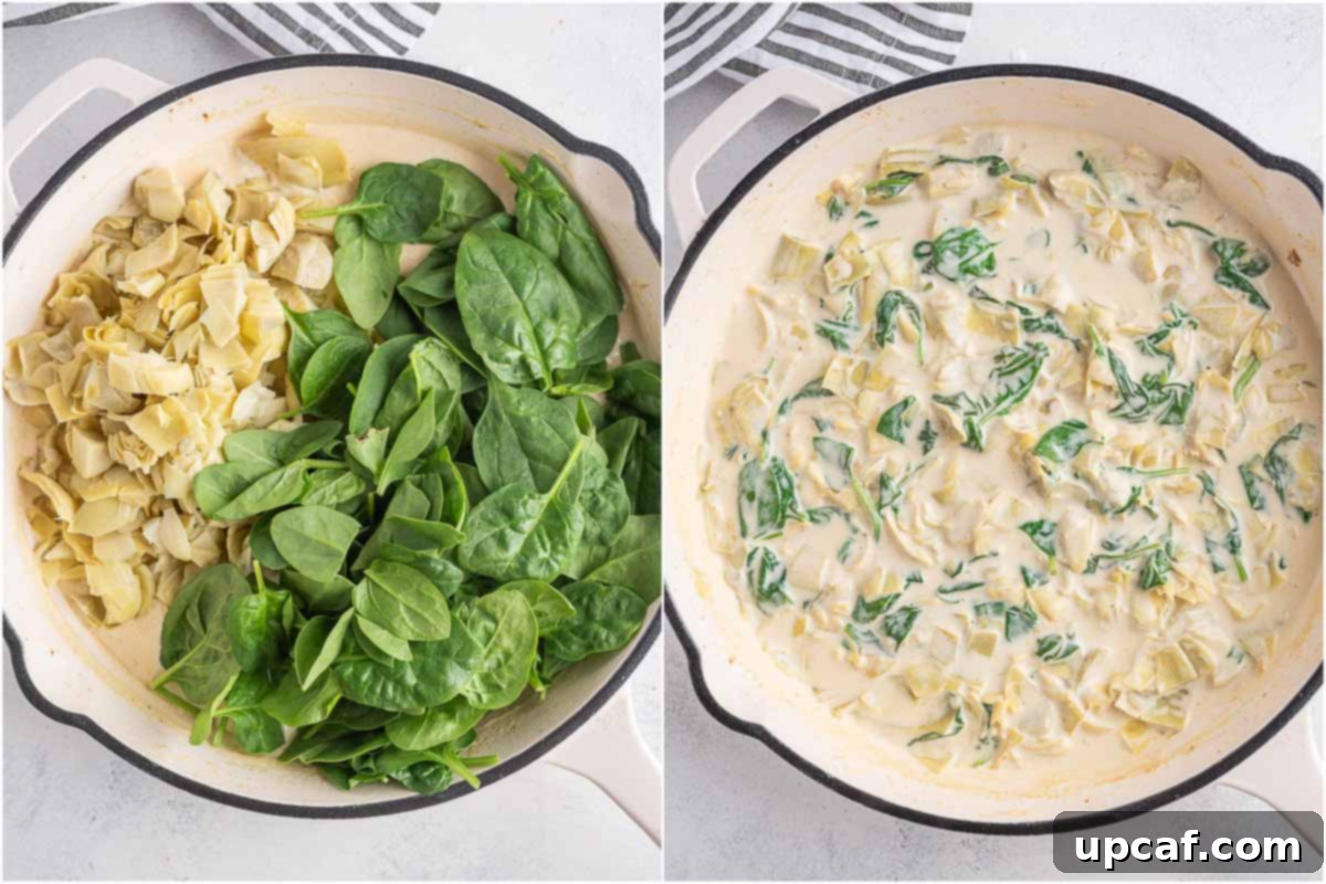 One-Pan Creamy Spinach Artichoke Chicken 7 creamy spinach and artichoke sauce in a skillet