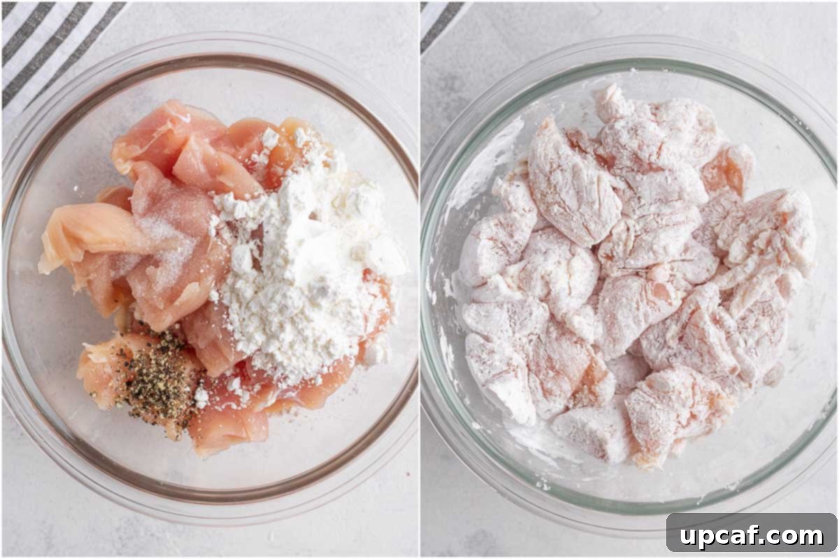 Quick Sticky Mongolian Chicken 5 chicken being coated with coating ingredients