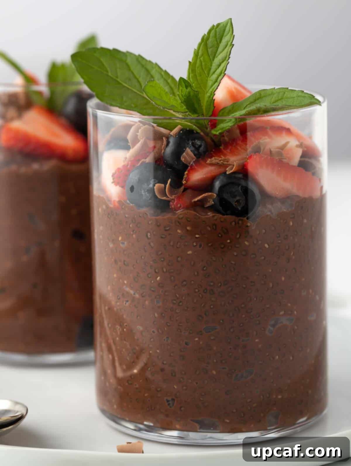 close up shot of the chia chocolate pudding topped with fruits