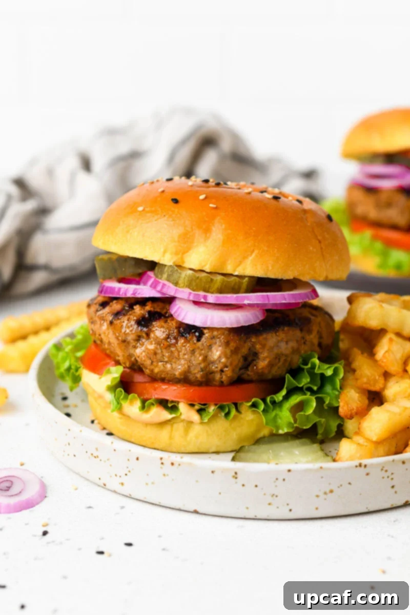 A perfectly cooked homemade beef burger, topped with fresh lettuce, tomato, and onion, served on a toasted bun with a side of crispy golden fries.