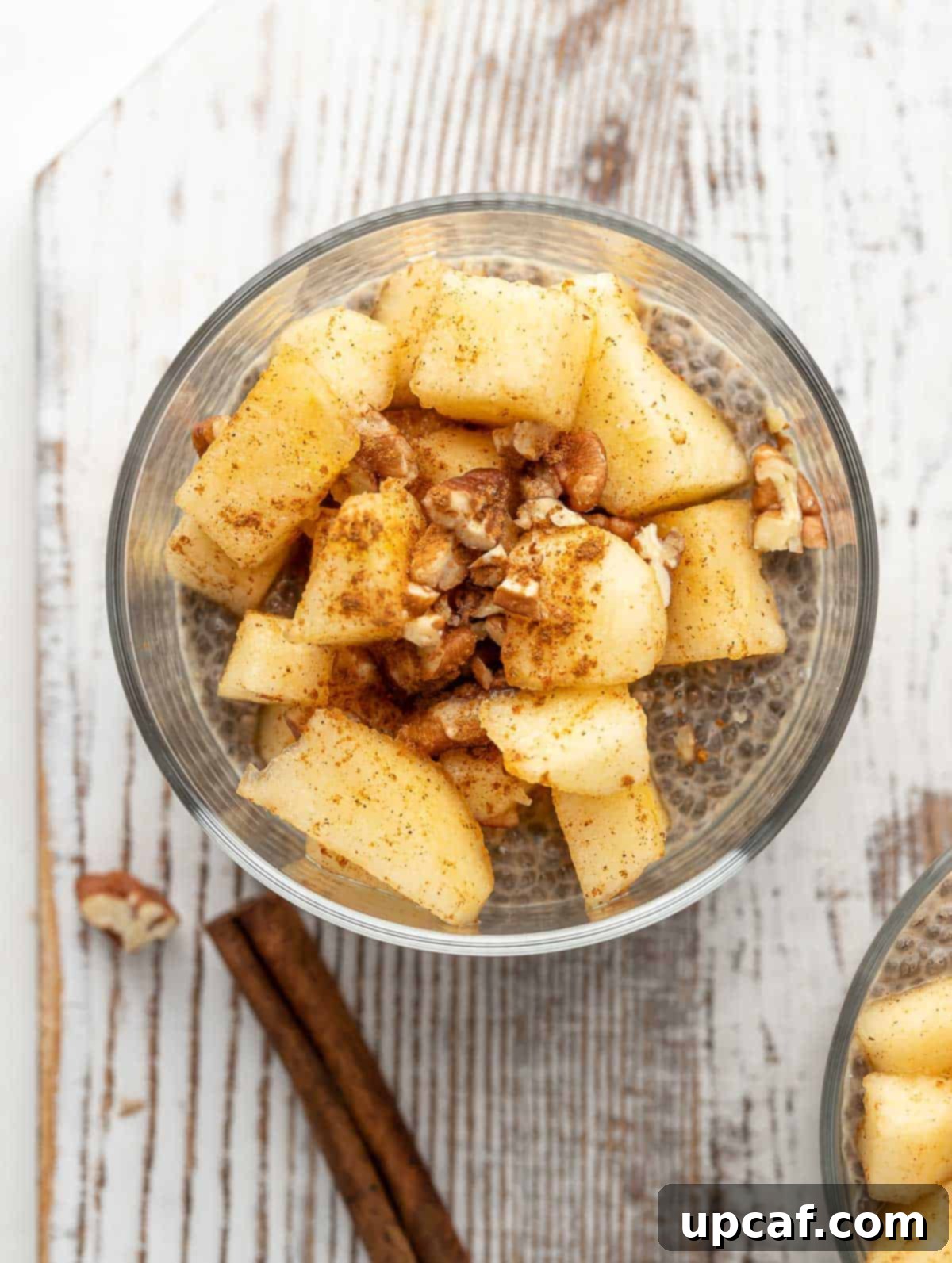 top view Overnight Chia Pudding topped with apples and pecans